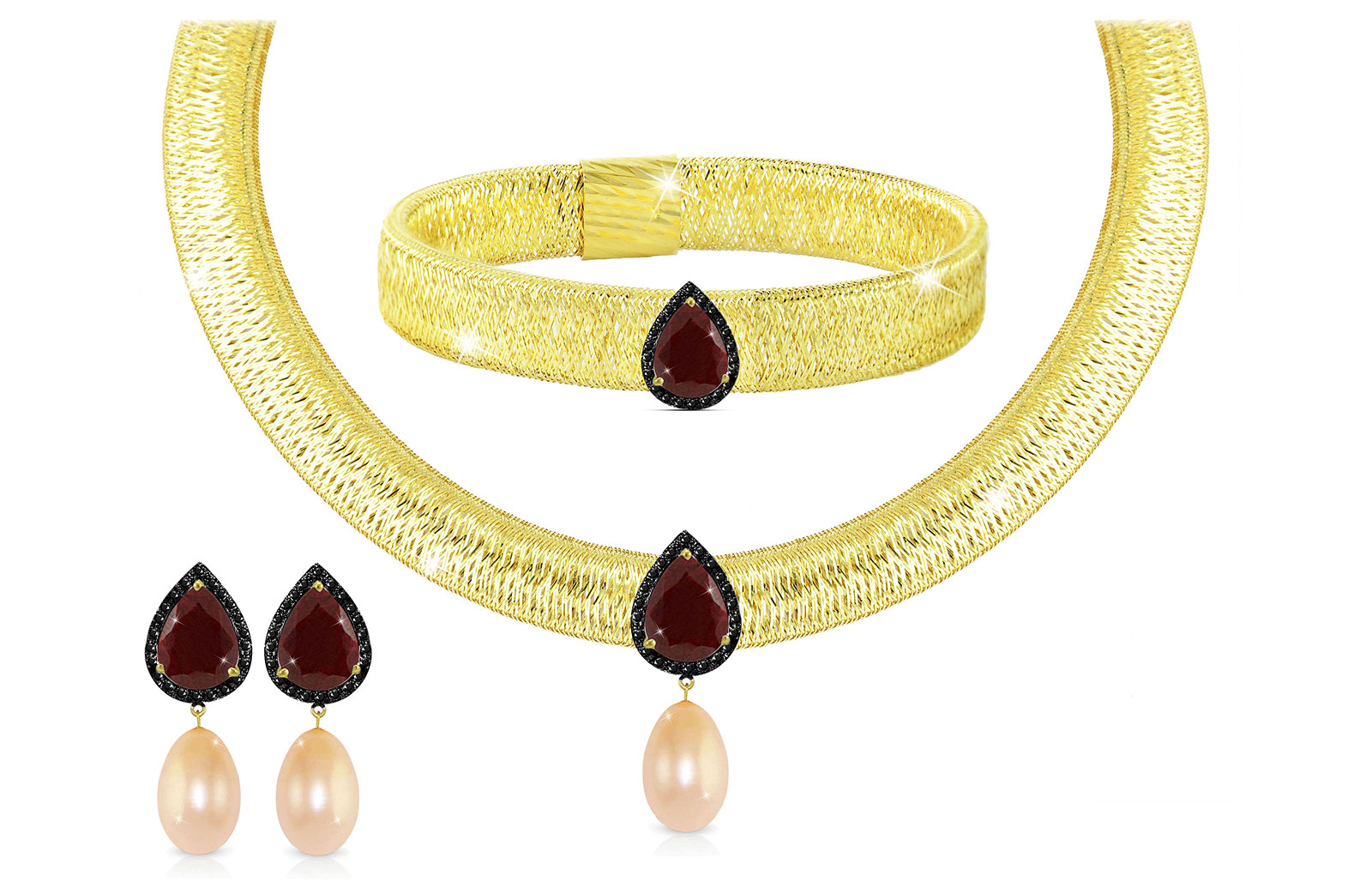 Vera Perla 18K Gold 0.48ct Black Diamonds, Ruby and 13mm Pink Pearl Jewelry Set - 3 pcs.